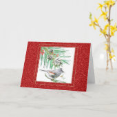 水彩画　松の枝と鳥　クリスマス カード (黄色い花)