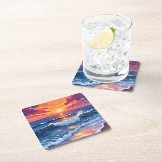 水彩画 海の夕焼け ビーチの波 スクエアペーパーコースター (インサイチュ)