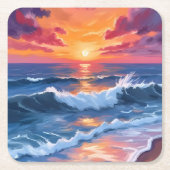 水彩画 海の夕焼け ビーチの波 スクエアペーパーコースター (正面)