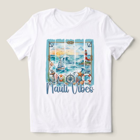 水彩画 海洋 夕焼け 砂浜 灯台 海の絵画 トライブレンドＴシャツ (デザイン正面)