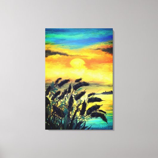 水彩画 湖の夕焼け キャンバスプリント (正面)