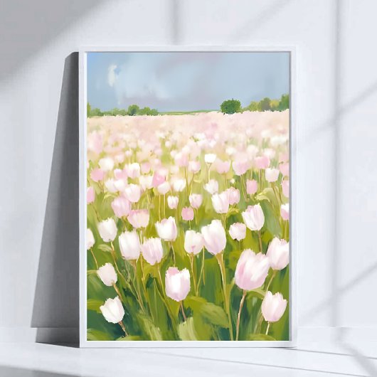 水彩画 白チューリップの花畑 ポスター