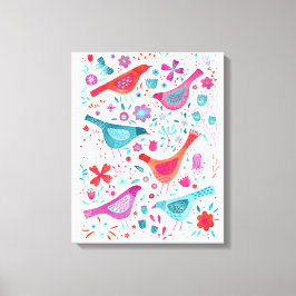 水彩画 花の庭の鳥の絵 キャンバスプリント
