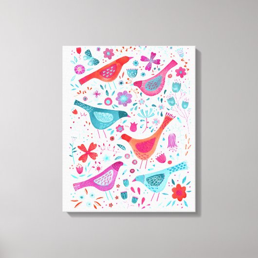 水彩画 花の庭の鳥の絵 キャンバスプリント (正面)