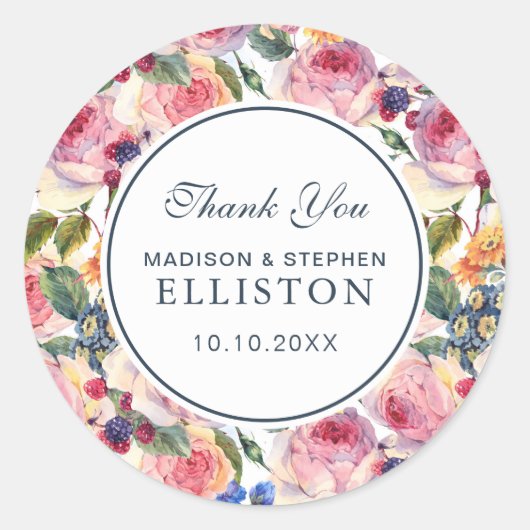 水彩画 |英語バラ |ありがとうございます ラウンドシール (正面)