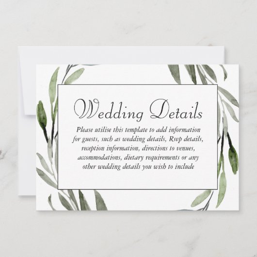 水彩画 葉のリース枠 結婚式 詳細 招待状 (正面)