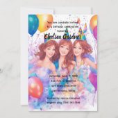 水彩画　誕生日をお祝いする3人の少女 招待状 (正面)