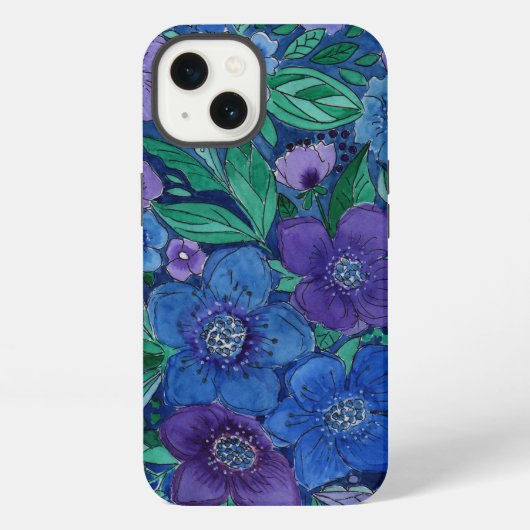 水彩画、青い花 iPhoneケース (裏面)