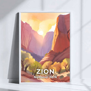 水彩画 Zion National Park 旅行 ポスター