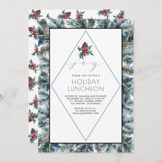 水彩画ConifierおよびPineconesの休日の昼食会 招待状 (正面/裏面)