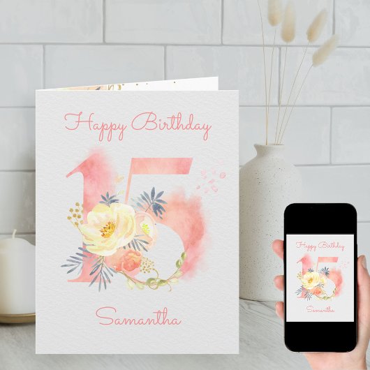 水彩番号15 パーソナライズされた 15誕生日 カード