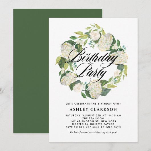 水彩白いアジサイの花輪の誕生日パーティー 招待状 (正面/裏面)