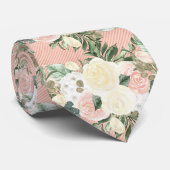 水彩白いバラの花オンピンクストライプ色 ネクタイ (ロール)