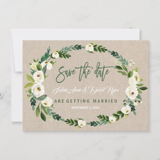 水彩白いフローラ手書き日付の保存 セーブザデート (正面)