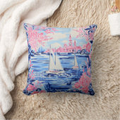 水彩白い帆船青いウォーターズピンクフローラ クッション (ブランケット)