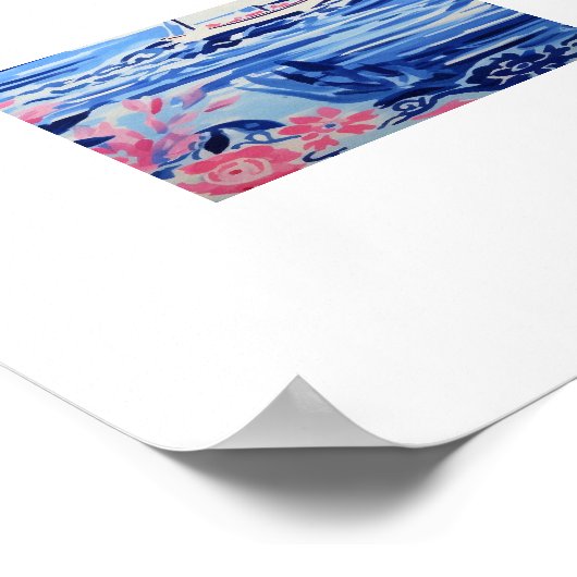 水彩白い帆船青いウォーターズピンクフローラ ポスター (角)