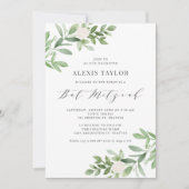 水彩白い花と緑バルミツワー 招待状 (正面)