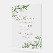 水彩白い花と緑結婚色 アクリルサイン (傾斜)