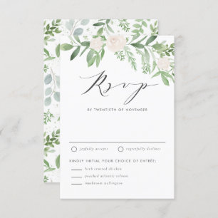 水彩白い花と緑結婚色 出欠カード