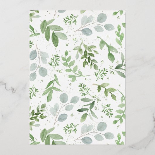 水彩白い花と緑結婚色 箔招待状 (裏面)