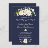 水彩白い花ネイビーリハーサルディナー 招待状 (正面/裏面)