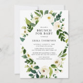 水彩白い花フレームベビーシャワーブランチ 招待状 (正面)