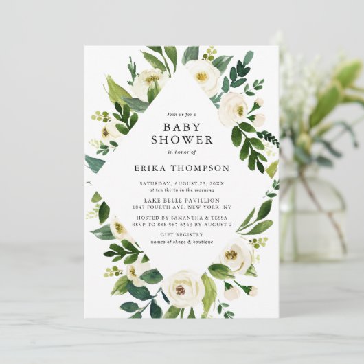 水彩白い花フレーム赤ちゃんシャワー 招待状 (スタンド正面)