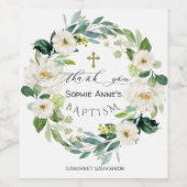 水彩白い花リースクロスバプテスマ ワインラベル (シングルラベル)