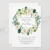 水彩白い花リースクロスバプテスマ 招待状 (正面/裏面)