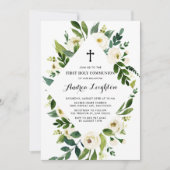 水彩白い花最初の聖餐式 招待状 (正面)