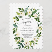 水彩白い花金ゴールドクロスガールバプテスマ 招待状 (正面/裏面)