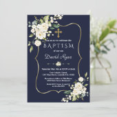 水彩白い花金ゴールドクロスボーイバプテスマ 招待状 (スタンド正面)