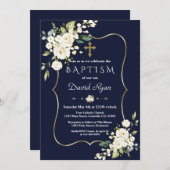 水彩白い花金ゴールドクロスボーイバプテスマ 招待状 (正面/裏面)