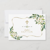 水彩白い花金ゴールドフレームガールバプテスマ サンキューカード (裏面)