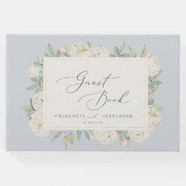 水彩白い花、ライトブルーのゲストブック ゲストブック