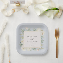 水彩白い花、ライトブルー結婚ズ ペーパープレート