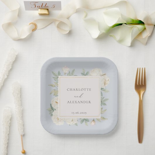 水彩白い花、ライトブルー結婚ズ ペーパープレート (ウェディング)