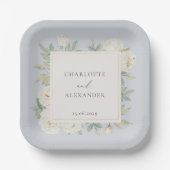 水彩白い花、ライトブルー結婚ズ ペーパープレート (正面)