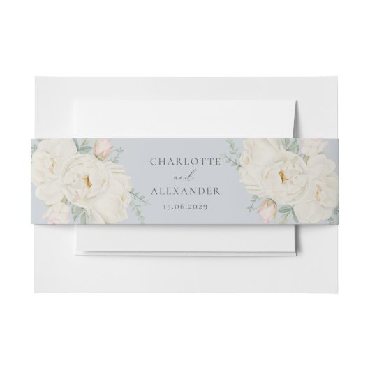 水彩白い花、ライトブルー結婚ズ 招待状ベリーバンド (正面例)