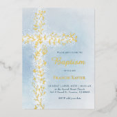 水彩白い金ゴールドクロス洗礼 箔招待状 (正面)