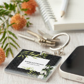 水彩白い雪だるまとローレルダマスク キーホルダー (正面右)