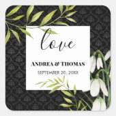 水彩白い雪だるまとローレルダマスク スクエアシール (正面)