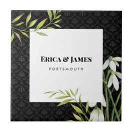 水彩白い雪だるまとローレルダマスク タイル