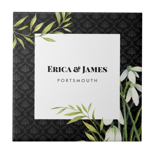 水彩白い雪だるまとローレルダマスク タイル (正面)