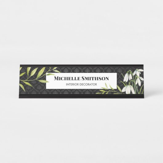 水彩白い雪だるまとローレルダマスク デスクネームプレート (正面)