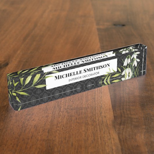 水彩白い雪だるまとローレルダマスク デスクネームプレート (側面)