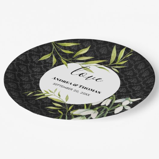 水彩白い雪だるまとローレルダマスク ペーパープレート (アングル)