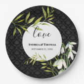 水彩白い雪だるまとローレルダマスク ペーパープレート (正面)