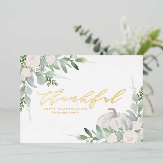 水彩白かぼちゃと緑の感謝祭 箔シーズンカード (立ち正面)