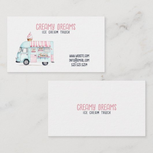 水彩白とピンクかわいいアイスクリームトラック 名刺 (正面/裏面)